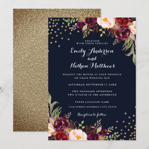 Convite de Casamento Floral Confete Dourado Borgon