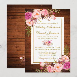 Convite de casamento floral cor-de-rosa de madeira