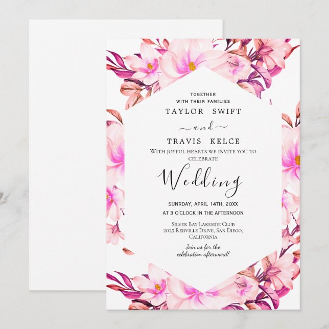 Convite De Casamento Floral Cor-De-Rosa Esbranquiç (Frente/Verso)