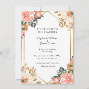 Convite de Casamento Floral Coral Dourado
