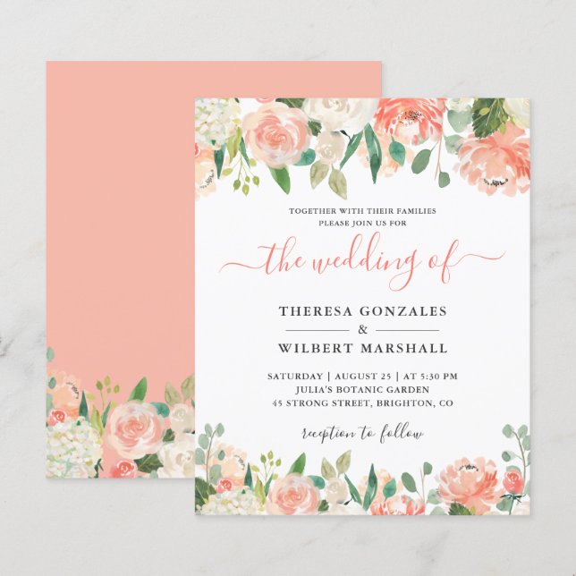 Convite de Casamento Floral Coral Pêssego Orçament (Frente/Verso)