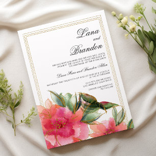 Convite de casamento floral coral rosa com brilho 
