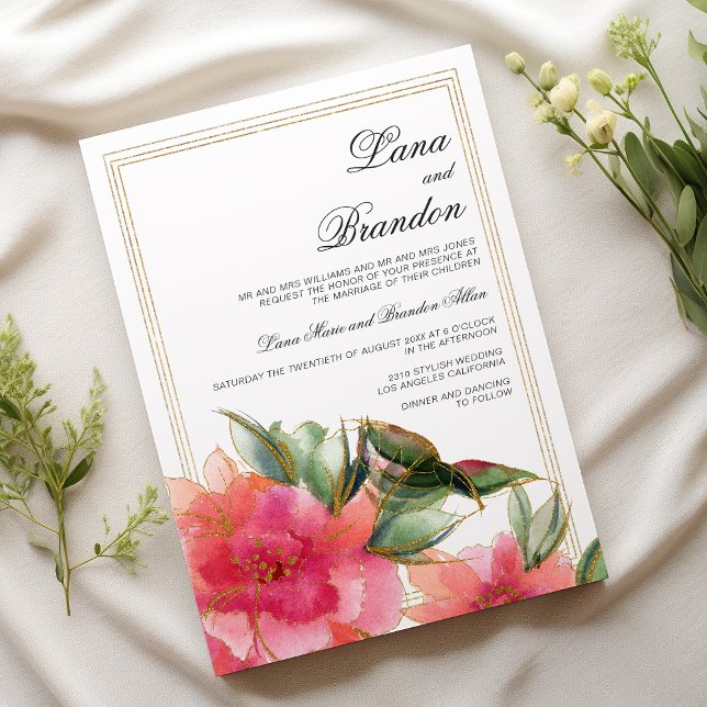 Convite de casamento floral coral rosa com brilho  (Pink coral mint white gold glitter floral wedding)