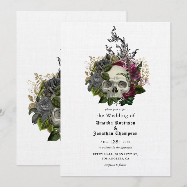 Convite de Casamento Floral Cranio Borgonha Hallow (Frente/Verso)