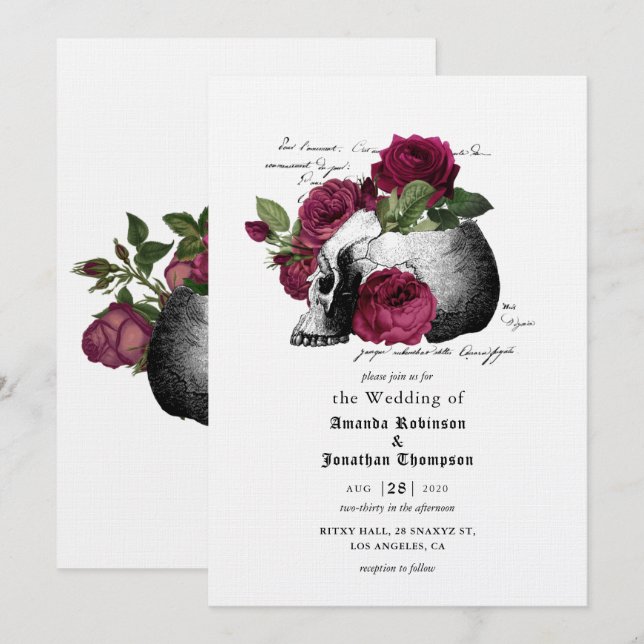 Convite de Casamento Floral Cranio Borgonha Hallow (Frente/Verso)