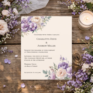 Convite de casamento floral creme champanhe lavand