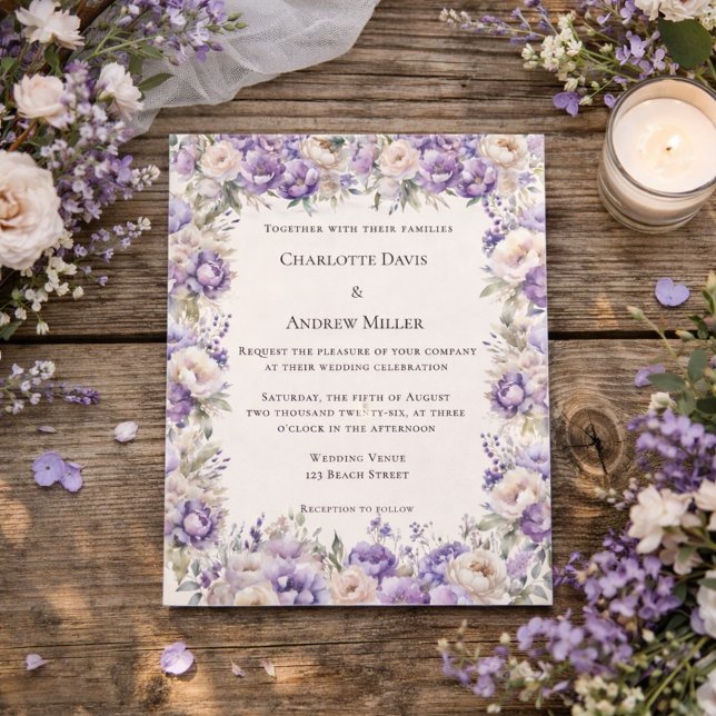 Convite de casamento floral creme champanhe lavand (Criador carregado)