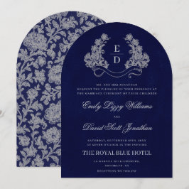 Convite de Casamento Floral Crest Monograma Azul M