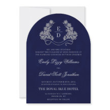 Convite de Casamento Floral Crest Monograma Azul M