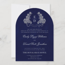 Convite de Casamento Floral Crest Monograma Azul M