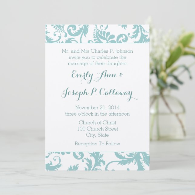 Convite de Casamento Floral Damask Azul Água (Em pé/Frente)