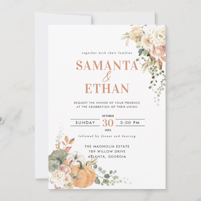 Convite de Casamento Floral de Abóbora Outono (Frente)