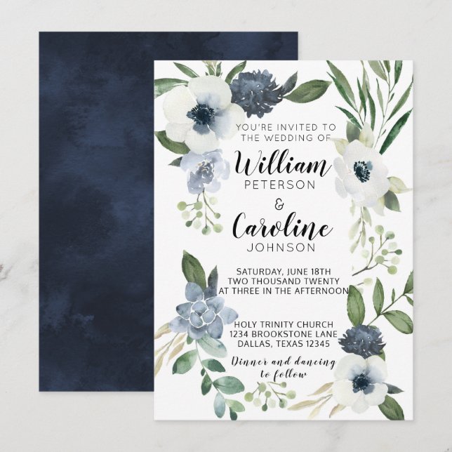 Convite De Casamento Floral De Anêmona Azul (Frente/Verso)