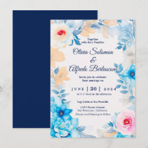 Convite de casamento floral de aquarela azul oceân