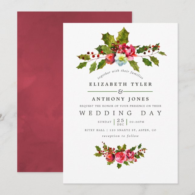Convite de casamento floral de aquarela de Natal c (Frente/Verso)