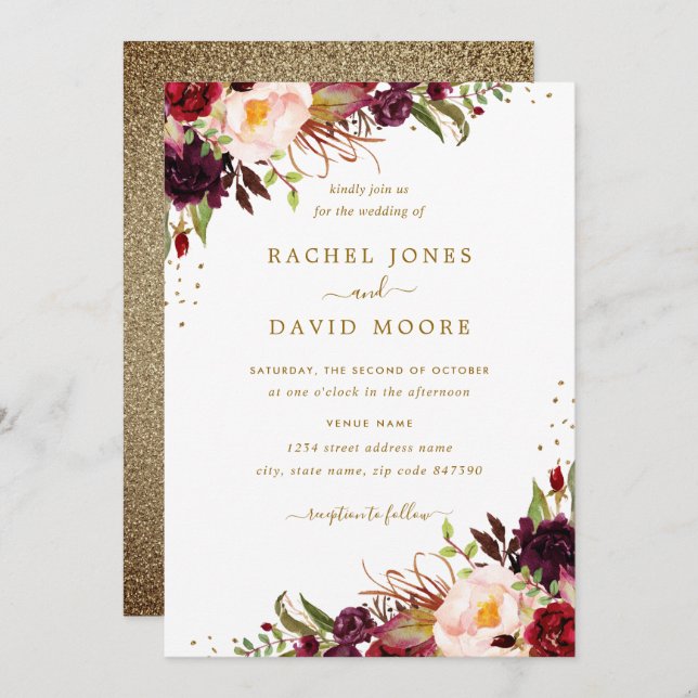 Convite de casamento Floral de Aquarela Dourada (Frente/Verso)