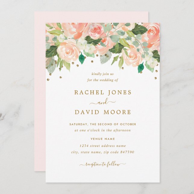 Convite de casamento Floral de Aquarela Dourada (Frente/Verso)