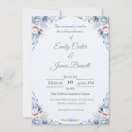 Convite De Casamento Floral De Azul E Blush Elegan