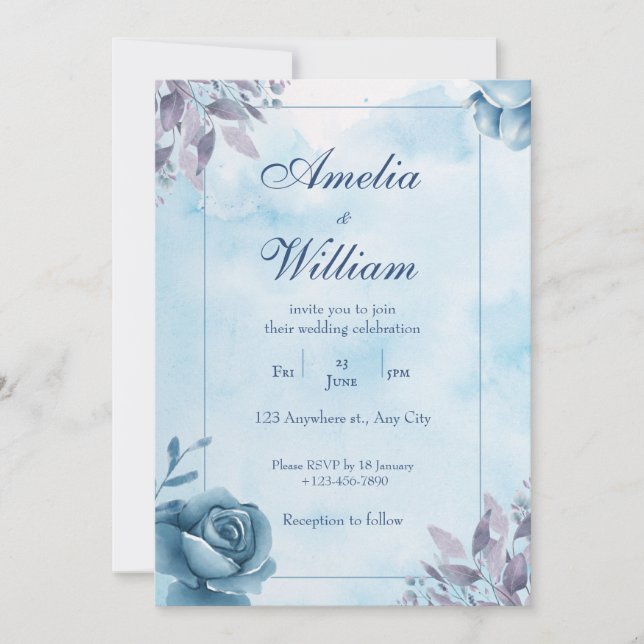Convite De Casamento Floral De Blue Watercolor (Frente)