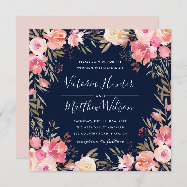 Convite De Casamento Floral De Blush Bloom| Marinh (Frente/Verso)