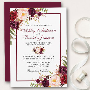 Convite De Casamento Floral De Borgonha De Aquarel