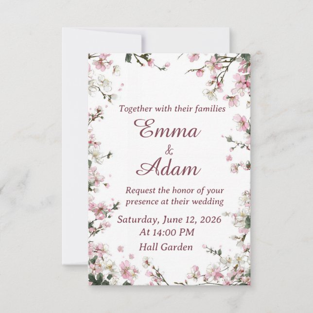 Convite de Casamento Floral de Cerejeira Rosa Suav (Frente)