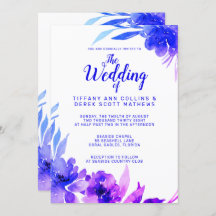 Convite De Casamento Floral De Cor Azul Roxo