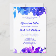 Convite De Casamento Floral De Cor Azul Roxo