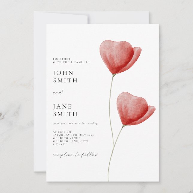 Convite de casamento floral de cor d'água vermelha (Frente)