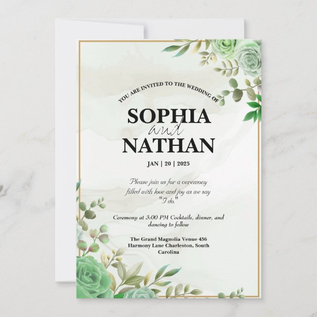Convite De Casamento Floral De Cor Verde Elegante (Frente)