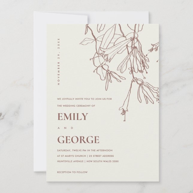 CONVITE DE CASAMENTO FLORAL DE DESENHO DE LINHA DE (Frente)