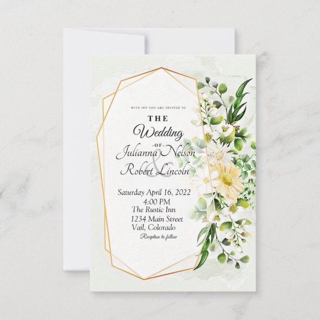 Convite de casamento floral de Eucalipto e dourado (Frente)