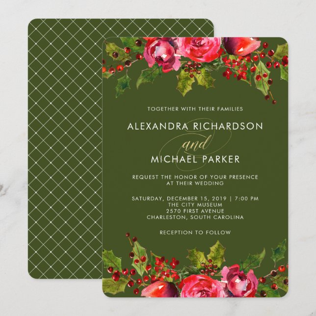 Convite De Casamento Floral De Feriado Verde Profu (Frente/Verso)