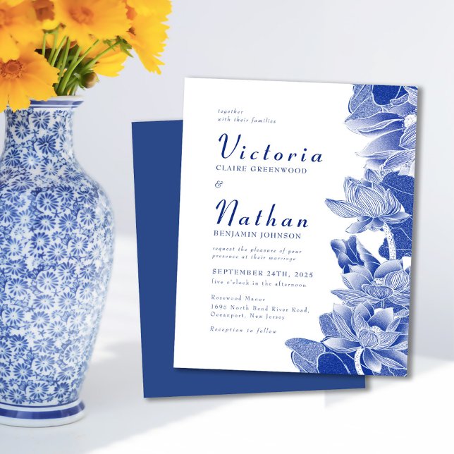 Convite de casamento Floral de Foto Branco Azul de (Criador carregado)