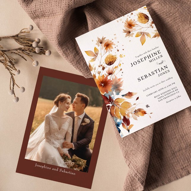 Convite De Casamento Floral De Foto Burgundy Boho  (Criador carregado)