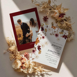 Convite De Casamento Floral De Foto Burgundy Boho
