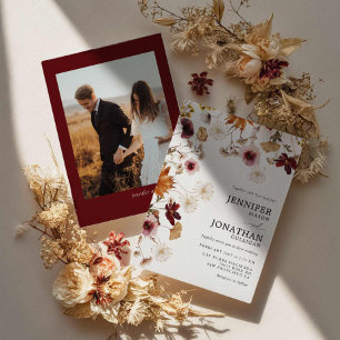 Convite De Casamento Floral De Foto Burgundy Boho 