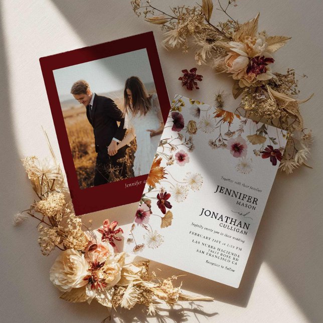 Convite De Casamento Floral De Foto Burgundy Boho  (Boho Burgundy Fall Wedding Invitation)