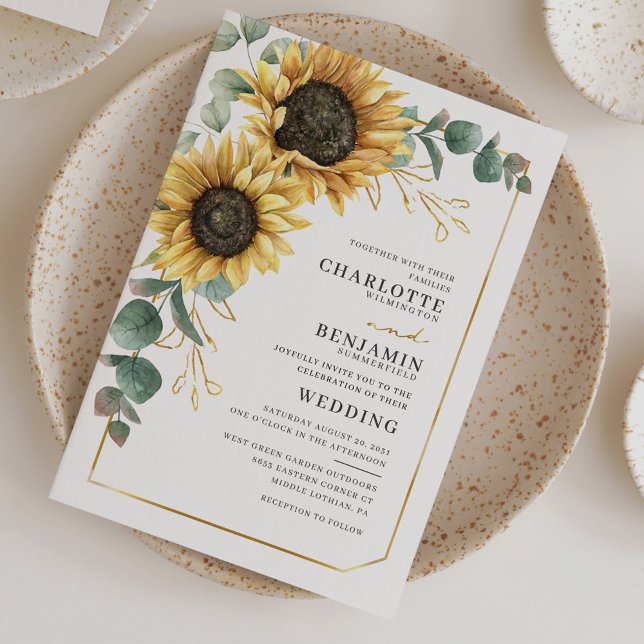 Convite de Casamento Floral de Girassol Eucalipto (Sunflower Eucalyptus Typography Botanical Wedding Invitation)
