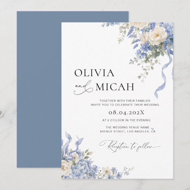 convite de casamento floral de hortênsia azul (Frente/Verso)
