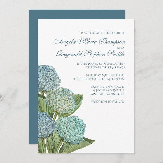 Convite de Casamento Floral de Hydrangea Azul (Frente/Verso)