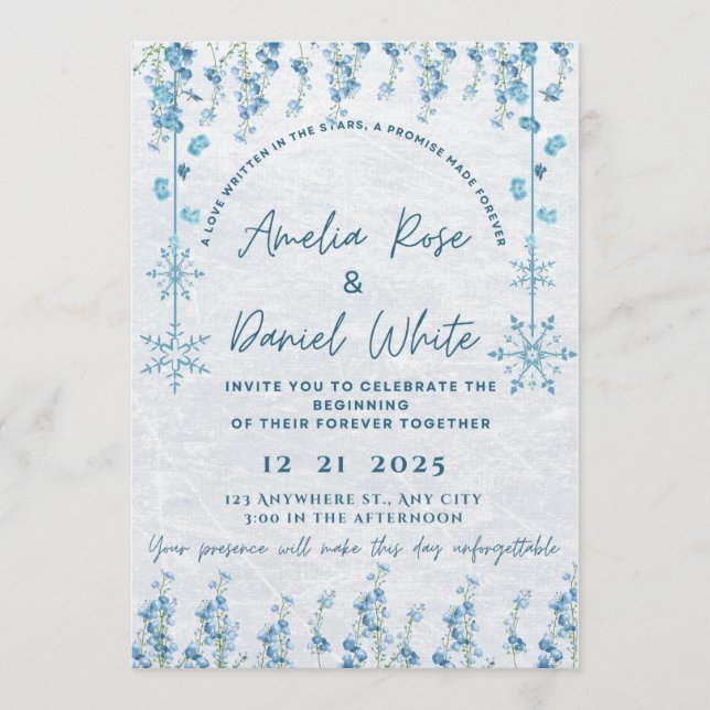 Convite de Casamento Floral de Inverno Azul (Frente)