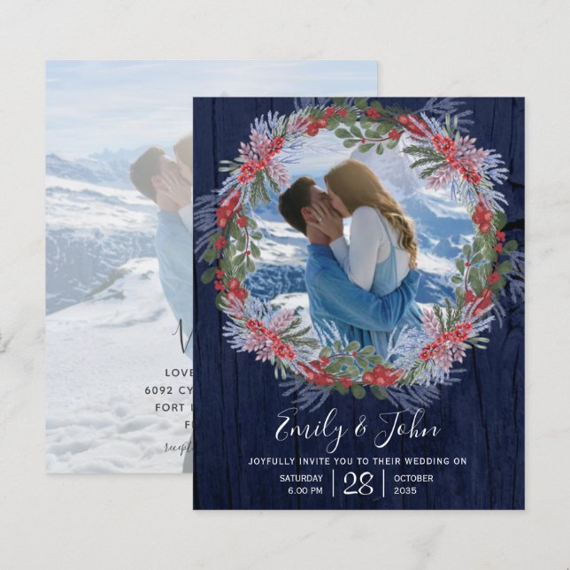 Convite de Casamento Floral de Inverno Azul Marinh (Frente/Verso)