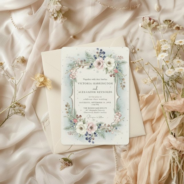 Convite de Casamento Floral de Inverno Elegante (winter wedding invitation showcases a soft floral wreath with blush flowers, winter greenery)