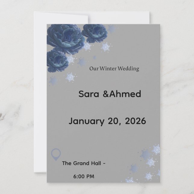 Convite de Casamento Floral de Inverno em Azul Nav (Frente)