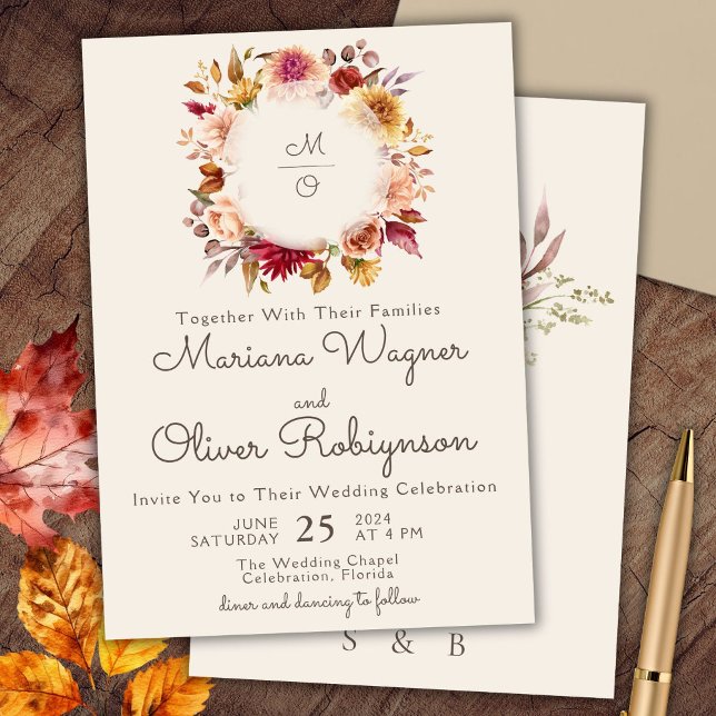 Convite De Casamento Floral De Ivory Autumn Burgun (Criador carregado)