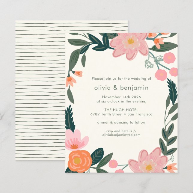 Convite de Casamento Floral de Jardim de Fundo Ros (Frente/Verso)