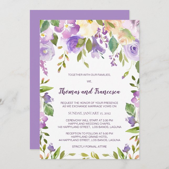 Convite De Casamento Floral De Lilac Watercolor (Frente/Verso)