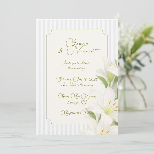 Convite de Casamento Floral de Lírio Listrado Simp (Em pé/Frente)