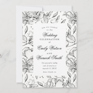 Convite De Casamento Floral De Mão Elegante Negra
